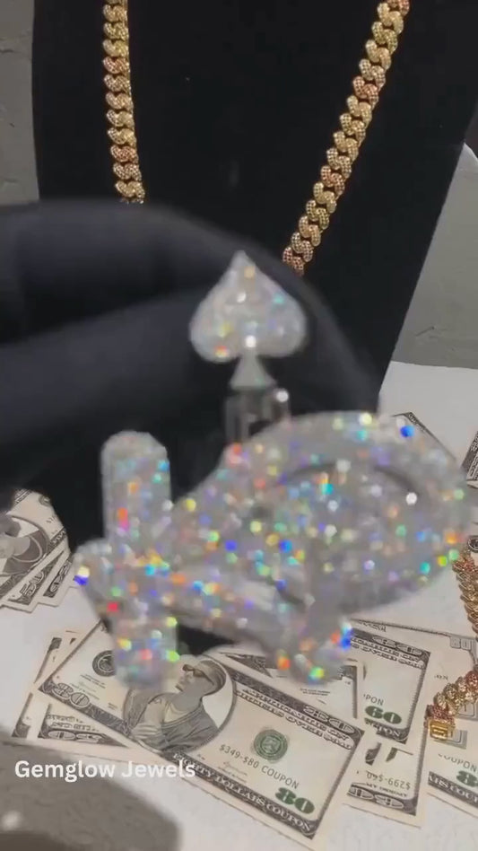 Video of chunky KD letter pendant in 925 silver, full iced-out view with shine and thick design
